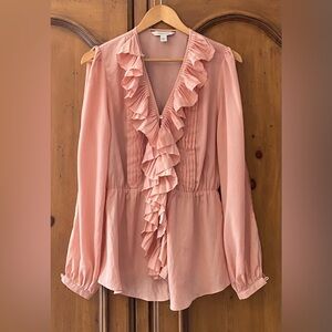 Boston Proper Small Satin Ruffle Pintuck Blouse Top Cold Shoulder and Sleeve